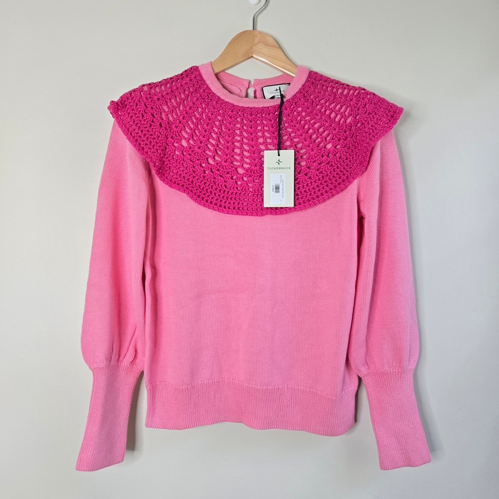 Tuckernuck Crochet Bib Sweater Pink Fuchsia 100% Cotton Puff Sleeve WMS MD